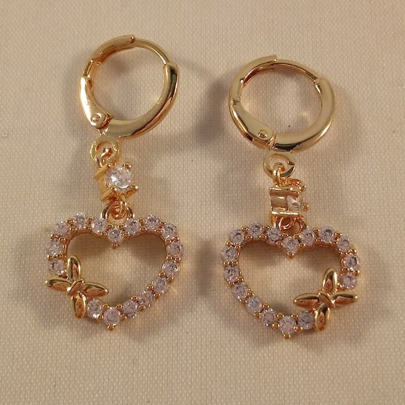 18K Yellow Gold Filled Earrings Heart Butterfly Diamond Zircon Dangle Earrings - Picture 3 of 4